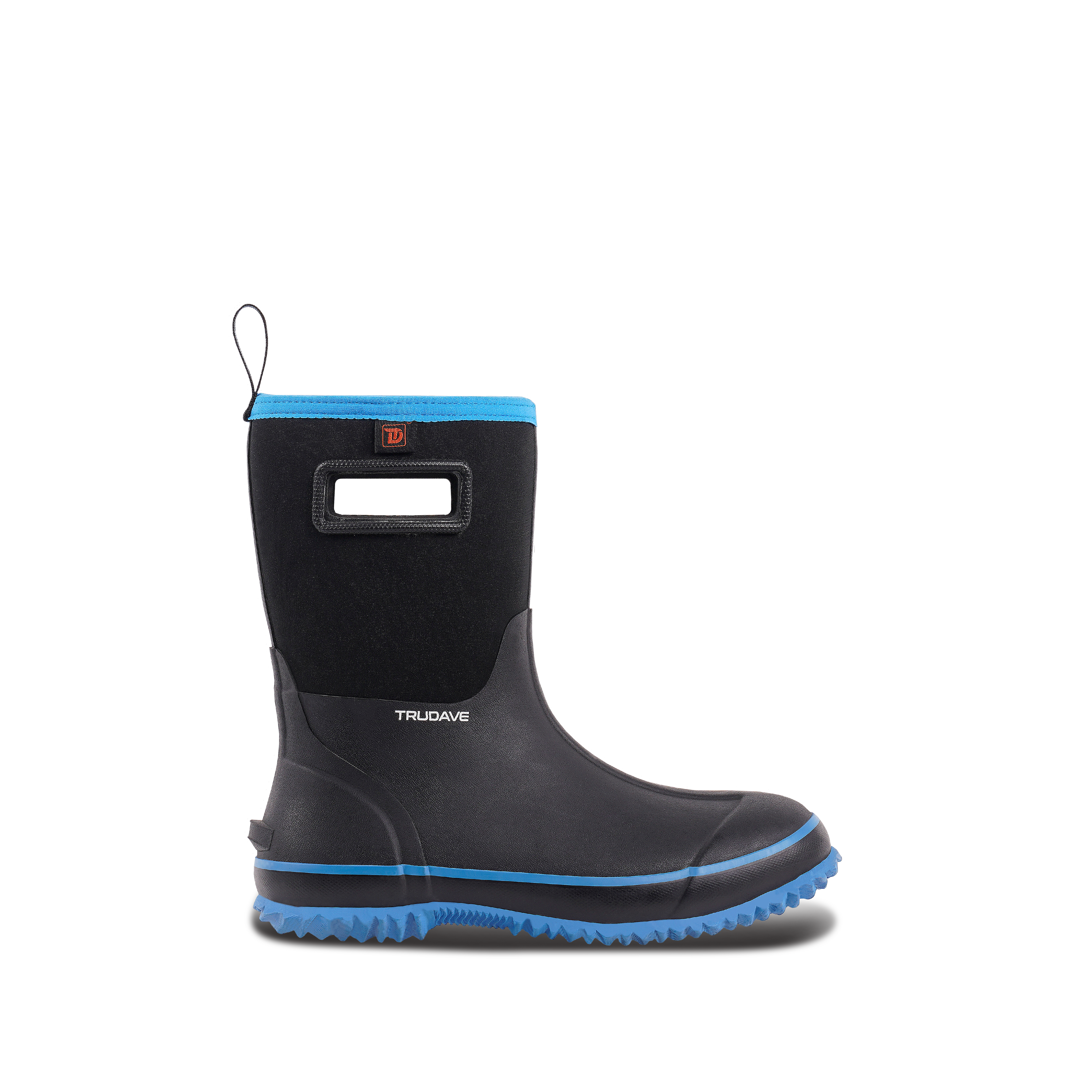 alt="Side view of Trudave MudFlex Series men’s waterproof rain, garden and farm boots in black color with blue trim, featuring durable rubber construction, mid-calf height, and slip-resistant sole ideal for outdoor work, farming, and wet weather conditions"